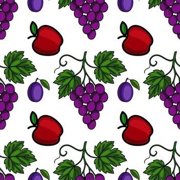 Seamless pattern of hand drawn red apples, purple grapes, and plums on a white background, creating a vibrant and cheerful fruit design. vector