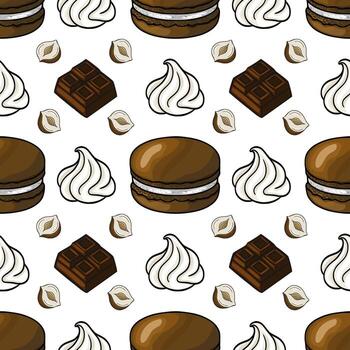Seamless pattern of chocolate macarons, whipped cream swirls, hazelnut halves, and chocolate pieces, creating a delightful confectionery design. vector