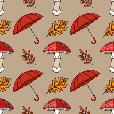 Seamless pattern featuring charming autumn elements red umbrellas, fly agaric mushrooms, oak and rowan leaves on a taupe background, creating a cozy and whimsical design ideal for fall-them...