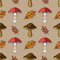 Seamless pattern featuring hand-drawn illustrations of red toadstools, brown mushrooms, oak leaves, and autumn branches on a muted beige background, creating a charming autumnal design. vector