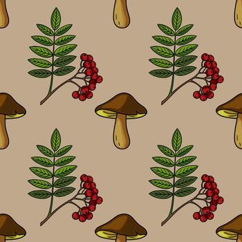 Seamless pattern of hand-drawn autumn forest elements brown mushrooms and rowan berries on beige background, creating a cozy and rustic feel. vector