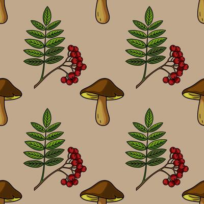 Seamless pattern of hand-drawn autumn forest elements brown mushrooms and rowan berries on beige background, creating a cozy and rustic feel.