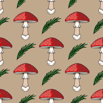 sin costura modelo presentando dibujado a mano ilustraciones de vibrante rojo setas con blanco puntos, intercalado con ramitas de verde pino, creando un encantador otoñal diseño. vector