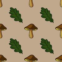 Seamless pattern featuring hand-drawn illustrations of brown mushrooms and vibrant green oak leaves on a muted beige background, creating a charming autumnal design. vector