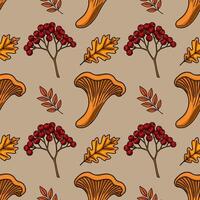 Seamless pattern featuring hand-drawn chanterelle mushrooms, rowan berries, and autumn leaves in warm orange and red tones against a muted beige background, creating a cozy and autumnal design. vector
