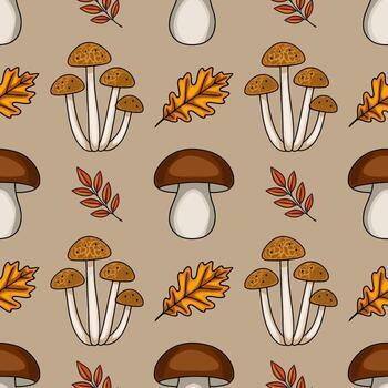 Seamless pattern featuring hand-drawn illustrations of autumn mushrooms, oak leaves, and branches with vibrant fall foliage, creating a rustic and charming design perfect for seasonal projects. vector