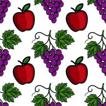 Seamless pattern featuring stylized red apples and bunches of purple grapes with green leaves, creating a vibrant and cheerful fruity design ideal for various applications. vector