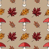 Seamless pattern featuring hand-drawn autumnal elements vibrant red fly agaric mushrooms, detailed maple and oak leaves, and autumnal branches, all set against a muted beige background. vector