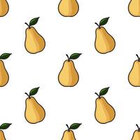 Seamless pattern of hand drawn pears with green leaves on a white background, featuring a simple, cartoonish style with bold outlines and a warm, autumnal color palette. vector