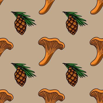 sin costura modelo presentando dibujado a mano cuerda hongos y pino conos en un apagado beige fondo, creando un rústico otoñal diseño ideal para otoño-temática proyectos vector