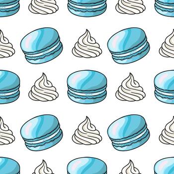 Seamless pattern of hand drawn light blue macarons and swirls of cream, creating a delightful and sweet design perfect for bakery branding or dessert themed projects. vector