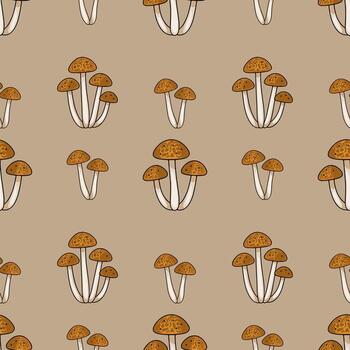 Seamless pattern featuring clusters of intricately detailed brown mushrooms with off-white stems against a muted beige background, creating a harmonious autumnal design. vector