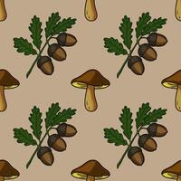 Seamless pattern featuring hand-drawn illustrations of brown mushrooms and oak branches with acorns, set against a muted beige background, creating a charming autumnal design. vector