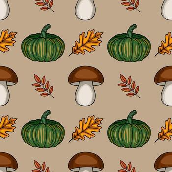 Seamless pattern with hand-drawn autumn elements green pumpkins, brown mushrooms, oak and rowan leaves on a beige background, creating a cozy and rustic fall vibe. vector