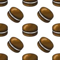 Seamless pattern of delicious chocolate macarons with creamy filling, illustrated in a hand drawn style with rich brown hues and detailed textures for a tempting dessert design. vector