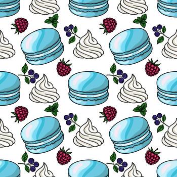 Seamless pattern of delicious light blue macarons, whipped cream swirls, raspberries, and blueberries, creating a sweet and charming design perfect for bakery branding or dessert themed proj... vector