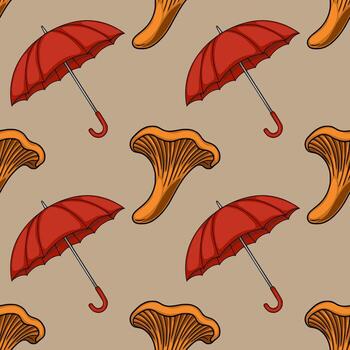 Seamless pattern featuring red umbrellas and chanterelle mushrooms on a beige background, creating a whimsical autumnal design. vector
