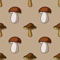 Seamless pattern featuring hand-drawn illustrations of brown and beige mushrooms with varying sizes and orientations against a neutral taupe background, creating a rustic and charming autumn... vector