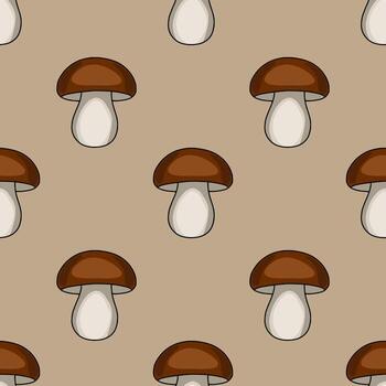 Seamless pattern featuring a repeating design of stylized brown mushrooms with off-white stems against a muted beige background, creating a simple yet charming autumnal motif. vector