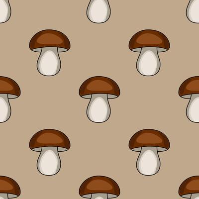 Seamless pattern featuring a repeating design of stylized brown mushrooms with off-white stems against a muted beige background, creating a simple yet charming autumnal motif.