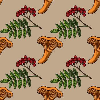 Seamless pattern featuring hand-drawn chanterelle mushrooms and rowan berries branches, creating a vibrant autumnal design perfect for textile prints or fall-themed projects. vector