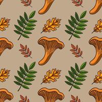 Seamless pattern featuring hand-drawn chanterelle mushrooms, oak, and rowan leaves in autumnal colors on a neutral beige background, ideal for fall-themed designs. vector