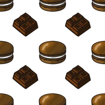 Seamless pattern featuring hand drawn chocolate macarons and chocolate bars, creating a delicious and visually appealing design, perfect for various applications. vector