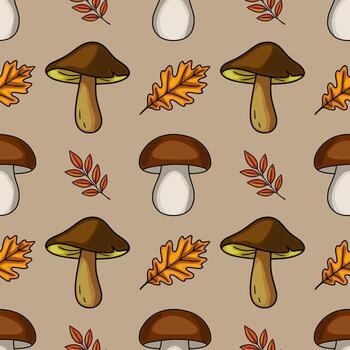 Seamless pattern featuring hand-drawn illustrations of brown mushrooms, oak leaves, and autumnal branches on a taupe background, creating a charming autumnal design. vector