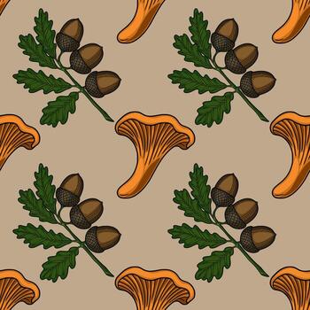 Seamless pattern featuring hand-drawn illustrations of chanterelle mushrooms and oak branches with acorns, creating a rustic autumnal design perfect for fall-themed projects. vector