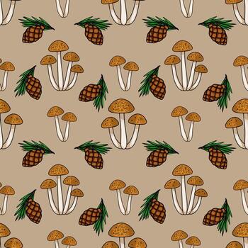 sin costura modelo presentando dibujado a mano ilustraciones de marrón hongos y pino conos en un beige fondo, creando un encantador otoñal bosque motivo. vector