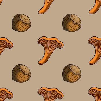 sin costura modelo presentando dibujado a mano cuerda hongos y avellanas en un apagado beige fondo, creando un rústico otoñal diseño ideal para textil huellas dactilares o embalaje. vector