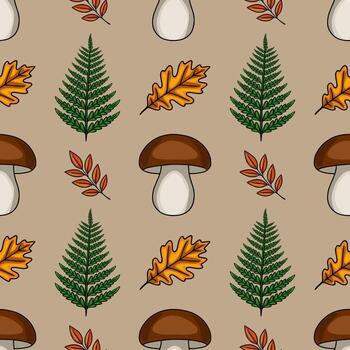 Seamless pattern featuring hand-drawn illustrations of autumnal mushrooms, ferns, oak leaves, and red twigs, creating a rustic and natural design perfect for fall-themed projects. vector