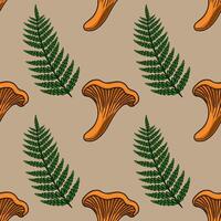 Seamless pattern featuring hand-drawn chanterelle mushrooms and fern leaves in a vibrant orange and green palette against a muted beige backdrop, creating a rustic autumnal feel. vector