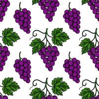Seamless pattern of hand drawn bunches of dark purple grapes with green leaves, creating a vibrant and juicy illustration perfect for wine labels or autumnal designs. vector