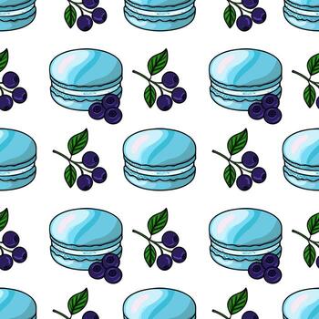 Seamless pattern of hand drawn light blue macarons and blueberries on a white background, creating a delicate and appetizing design, perfect for packaging or textile prints. vector