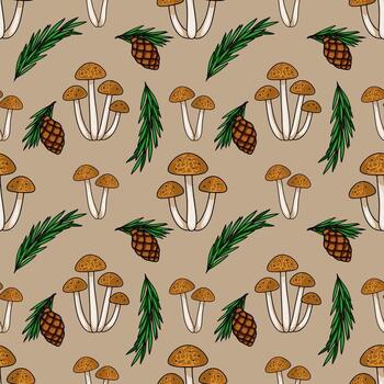 sin costura modelo presentando racimos de marrón hongos, pino conos, y abeto ramas en un beige fondo, creando un encantador otoñal bosque ilustración. vector