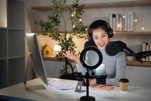 Engaging podcast host sharing insights in a modern studio photo