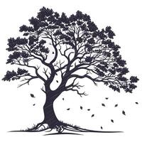 Majestic Oak Tree Silhouette in Autumn Wind, Serene Nature Illustration, Falling Leaves, Dark Moody Artwork vector