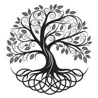 Serene Black and White Ornate Tree of Life Illustration with Intricate Roots and Swirling Branches, Symbolic of Growth and Eternity vector