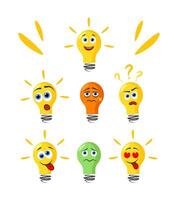 Cartoon light bulb emotions set. Cute idea mascot. vector