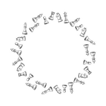 Chess sketch hand-drawn frame with circular figure layout vector