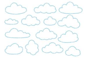 Blue crayon cloud outline set on white background vector
