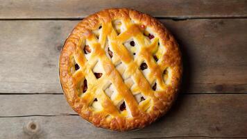 A pie with a lattice pattern on top of a wooden table photo