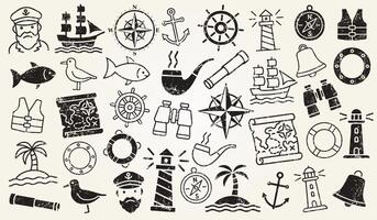 Marine and Seafaring grunge stamp Set. Nautical Adventures and Maritime Exploration stamp. Ancient Sail Ship, Captain, Anchor, lighthouse, Binoculars, helm, compass. illustration icons vector