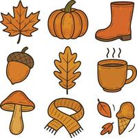 Fall leaves, pumpkin, and cozy items vector