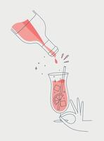 Hand holding glass of pina colada cocktail and bottle drawing in flat line style on light background vector