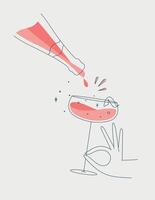 Hand holding glass of champagne and bottle drawing in flat line style on light background vector