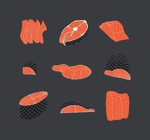 Salmon cuts in different shapes ready for diverse culinary creations drawing on black background vector