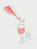 Hand holding glass of wine and bottle drawing in flat line style on light background vector