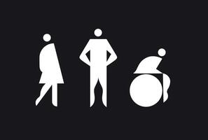 WC room icons male, female, inclusive unisex toilet drawing on black background vector